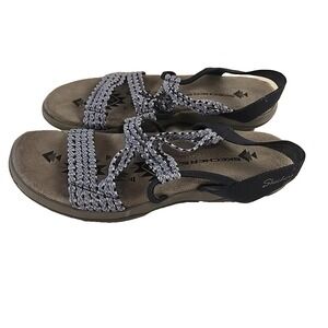 Skechers Sandals Womens Elastic Straps Memory Foam‎ Flats Blue Slip On Size 8